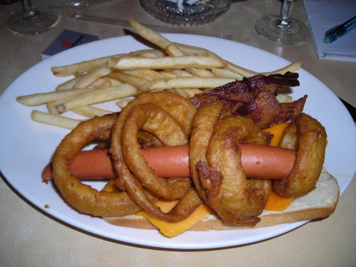 The Lord of the Rings Foot long hot dog threaded through onion rings, served with cheese and bacon on top. (submitted by Kristin Brammell via Pink’s Las Vegas)