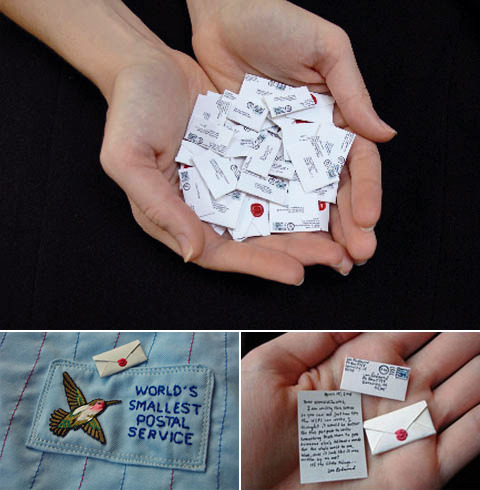 World’s Smallest Postal Service is a fantastic tiny letter transcription service by artist Lea Redmond. Here’s how the miniature mail service works (available online): You write a letter up to six sentences and Lea will transcribe it onto tiny stationary using a microscopic ink pen. It then goes into a tiny envelope which gets addressed, receives a miniature stamp and gets sealed with a miniscule wax seal with your initial on it. The letter comes with a magnifying glass. It’s an adorable idea for a teeny tiny gift that makes a big impression. (via coolhunting)