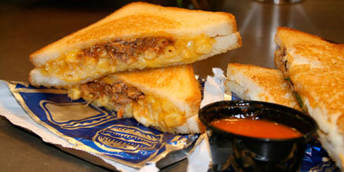 The Cheesy Mac n Rib Melt BBQ pork, macaroni and cheese in a grilled cheese sandwich. (via The Grilled Cheese Truck)